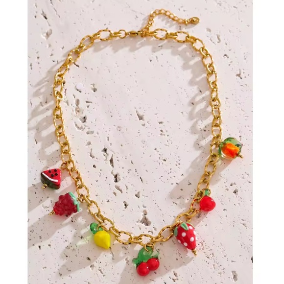 Tutti Frutti Charm 18K Gold Stainless Steel Waterproof Necklace - Picture 2 of 8